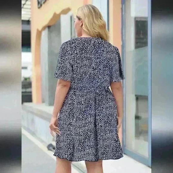 NEMIDOR | Women's Navy/White Dot Casual  V-Neck Faux Wrap Midi Dress - Picture 2 of 8